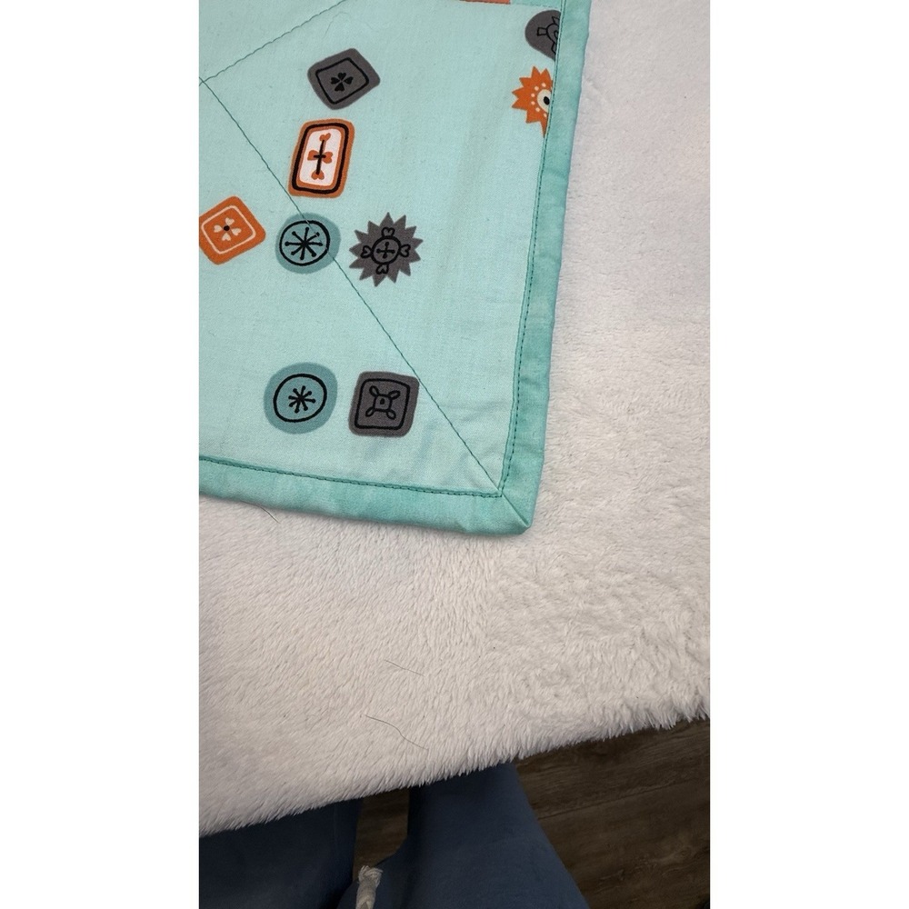 Handmade Baby Quilt Blanket Aqua Orange Geometric Patchwork 45x56 Cotton - Picture 2 of 5